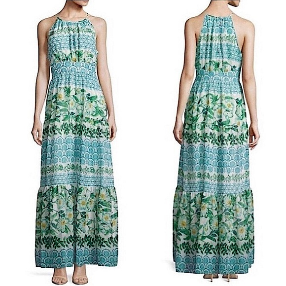 Eliza J Floral‎ Halter Maxi Dress Women’s sz 14 Blue Green Yellow - Picture 1 of 11